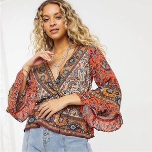 Free People Rosalie Bell Sleeve Faux Wrap Boho Blouse Size XS